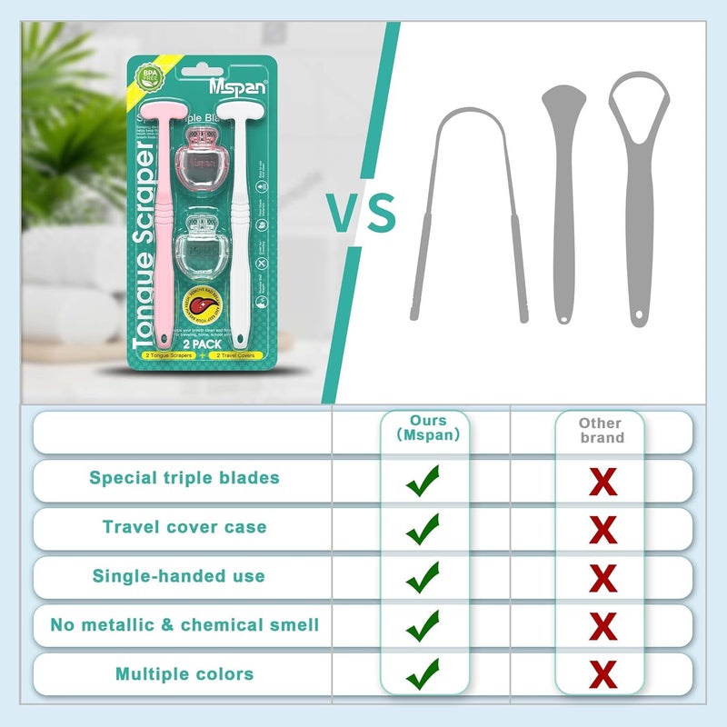 Mspan Tongue Scraper Cleaner Brush: Tongue Care Cleaning Scrubber with Plastic Travel Case Cover for Adults kids - Clean Oral Bad Breath Pink White 2 Pack - Image 4